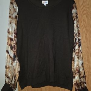 LuLaRoe Brown Sweater with Printed Sheer Balloon Sleeves